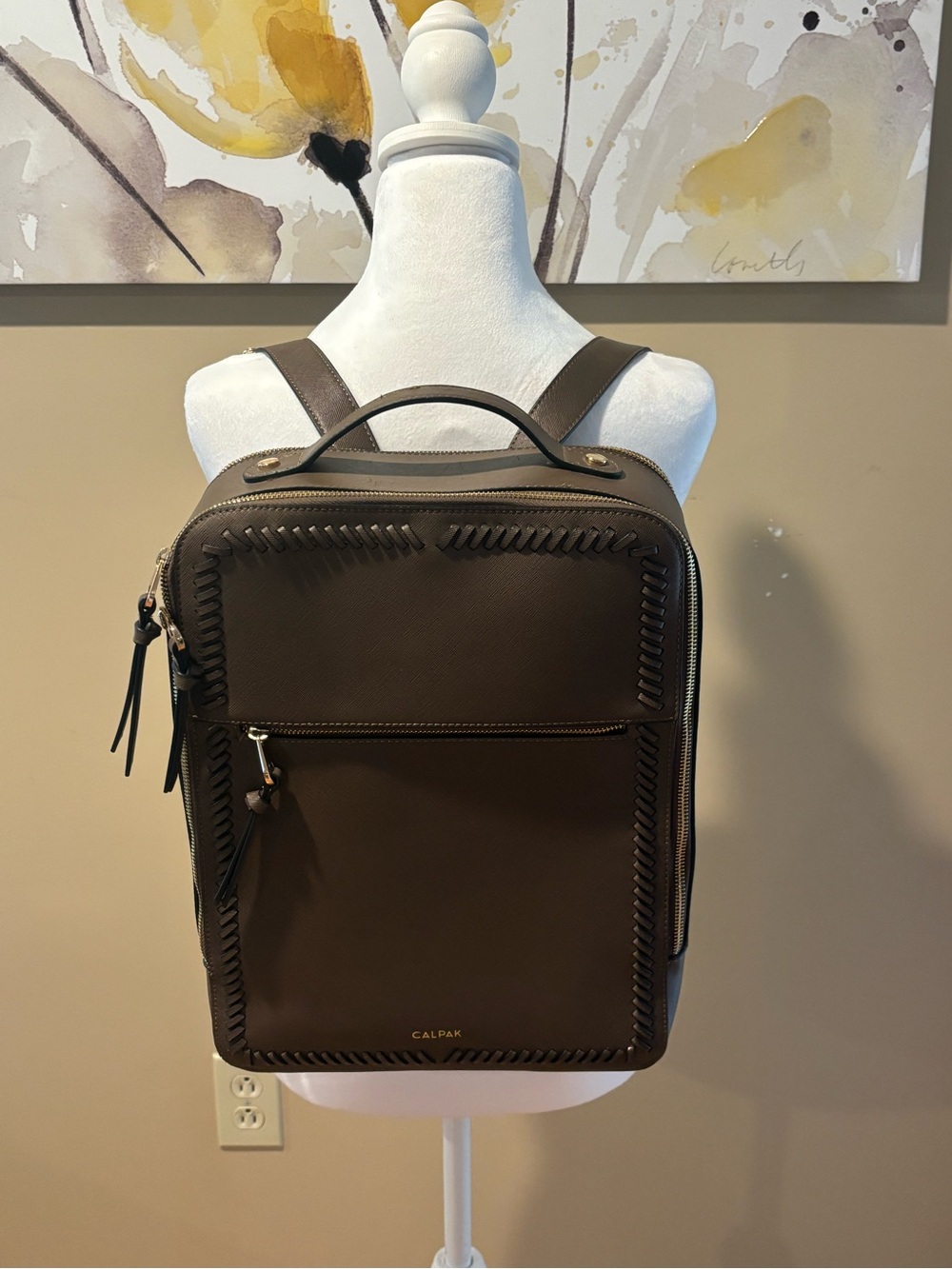 Calpak Brown Square Laptop Backpack with Whipstitch Trim